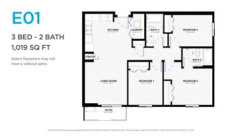 Floor plan for 3 beds, 2 baths, 1031 sqft