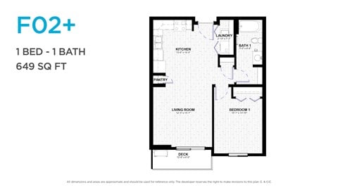 Floor plan for 1 bed, 1 bath, 635 sqft
