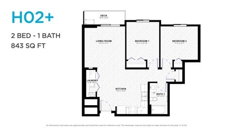 Floor plan for 2 beds, 1 bath, 879 sqft