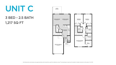Floor plan for 3 beds, 2.5 baths, 1217 sqft