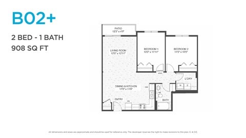 Floor plan for 2 beds, 1 bath, 859 sqft