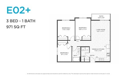 Floor plan for 3 beds, 1 bath, 971 sqft