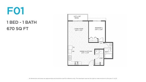 Floor plan for 1 bed, 1 bath, 670 sqft