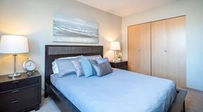 Winnipeg apartment for rent - A bedroom with a bed, nightstand, and large closet