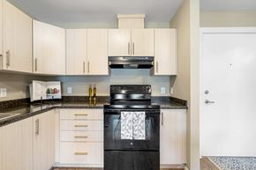Cranbrook apartment for rent - A black stove top oven with a glass door sits in a kitchen with white cabinets.