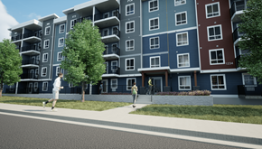 Courtenay apartment for rent - Two people are walking on a sidewalk in front of a building.