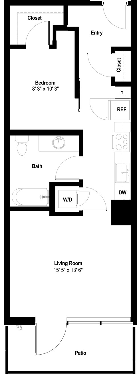 Floor plan for 1 bed, 1 bath, 649 sqft