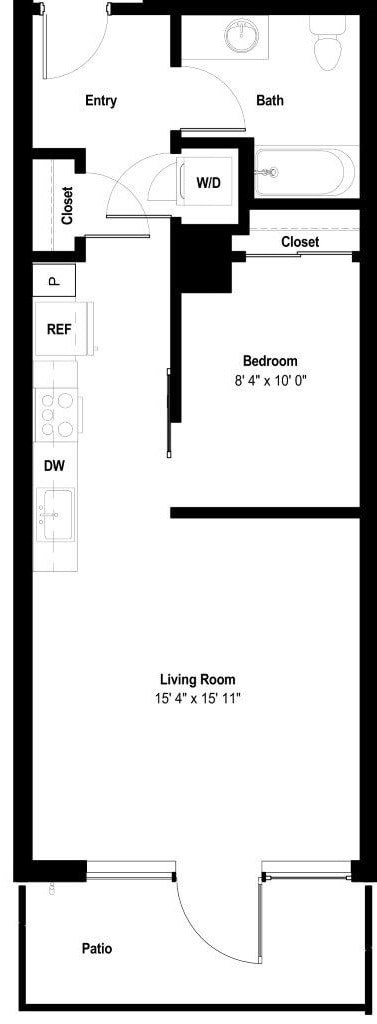 Floor plan for 1 bed, 1 bath, 648 sqft