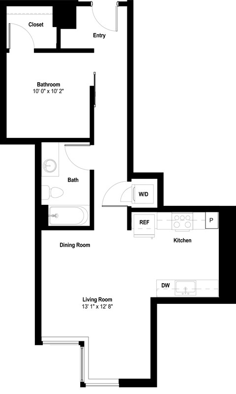 Floor plan for 1 bed, 1 bath, 723 sqft