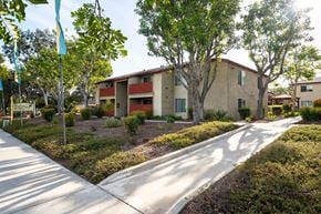 San Marcos apartment for rent - A sunny day at a residential area with apartment buildings and a sidewalk.