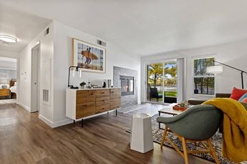 Boise apartment for rent - A modern living room with a wooden floor and a painting of a person on the wall.