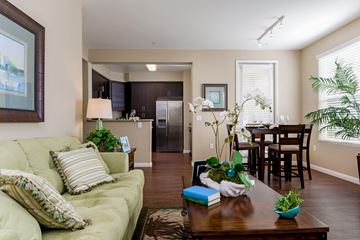 San Diego apartment for rent - A living room with a green couch and a dining table with chairs.