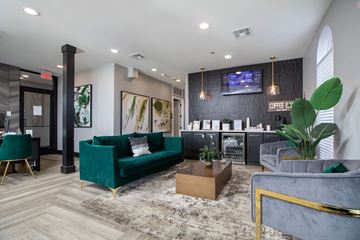 Metairie apartment for rent - A modern living room with a green couch and a grey armchair.