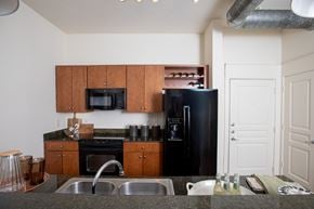 Houston apartment for rent - A kitchen with a black refrigerator and wooden cabinets.
