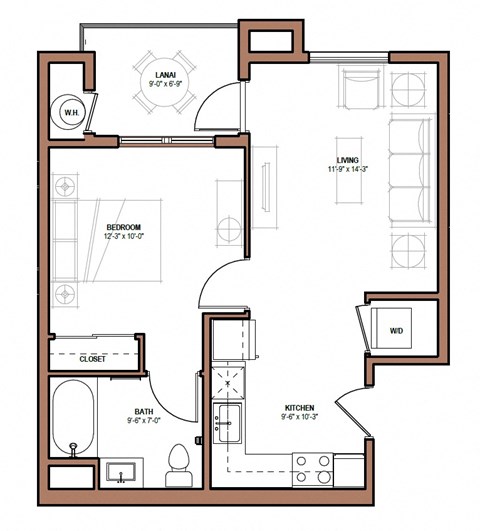 Floor plan for 1 bed, 1 bath, 534 sqft