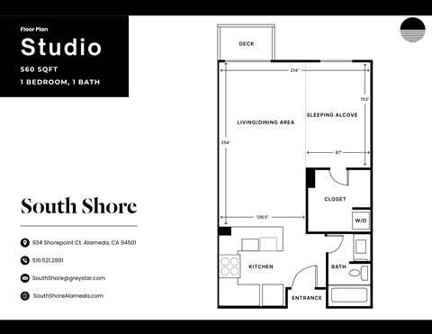 Floor plan for studio, 1 bath, 560 sqft