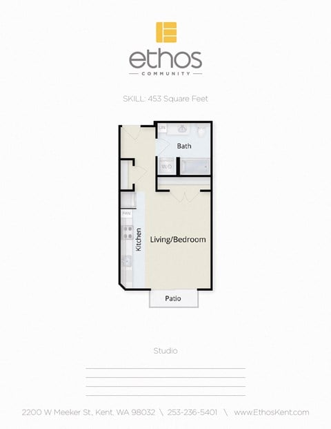 Floor plan for studio, 1 bath, 453 sqft