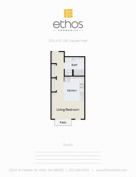Floor plan for studio, 1 bath, 516 sqft