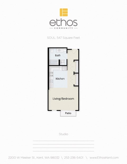 Floor plan for studio, 1 bath, 547 sqft