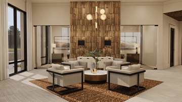 Holly Springs apartment for rent - A modern living room with a large wooden wall panel and a sofa set.