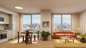 New York apartment for rent - A modern kitchen with a dining table and chairs, a sofa, and a view of the city.