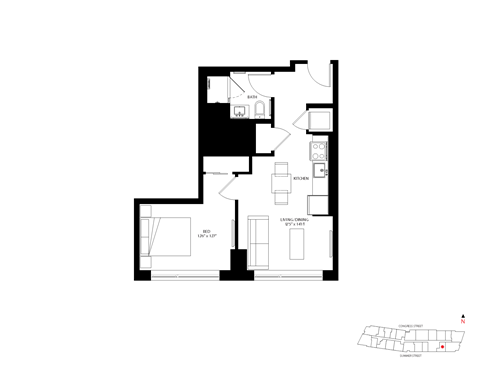 Floor plan for 1 bed, 1 bath, 519 sqft