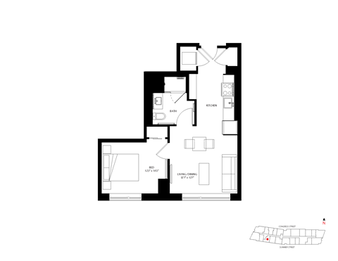 Floor plan for 1 bed, 1 bath, 552 sqft