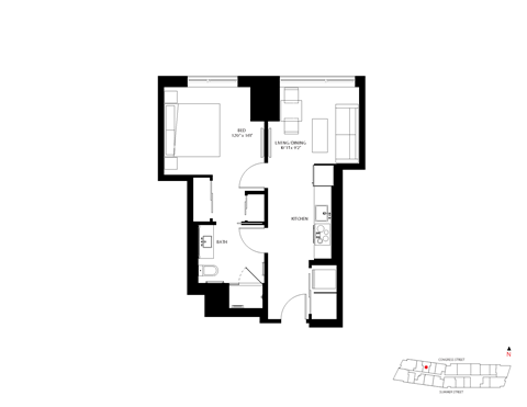 Floor plan for 1 bed, 1 bath, 574 sqft