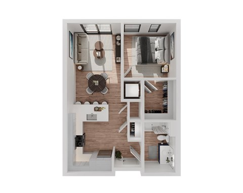 Floor plan for 1 bed, 1 bath, 657 sqft