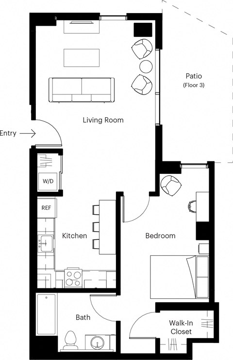 Floor plan for 1 bed, 1 bath, 644 sqft