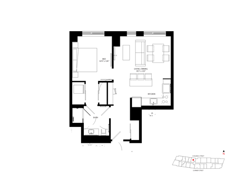 Floor plan for 1 bed, 1 bath, 687 sqft