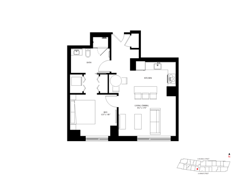 Floor plan for 1 bed, 1 bath, 732 sqft