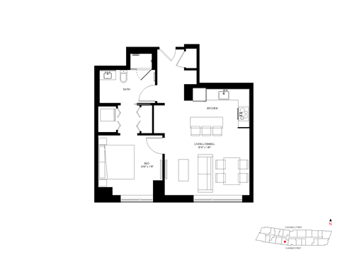 Floor plan for 1 bed, 1 bath, 723 sqft