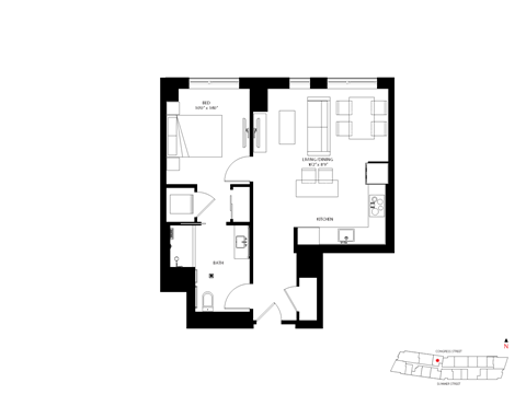 Floor plan for 1 bed, 1 bath, 678 sqft