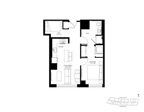 Floor plan for 1 bed, 1 bath, 683 sqft