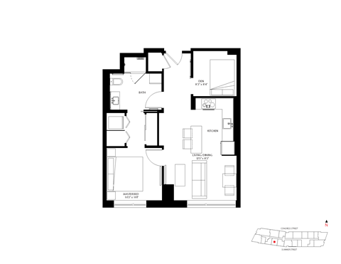 Floor plan for 1 bed, 1 bath, 688 sqft