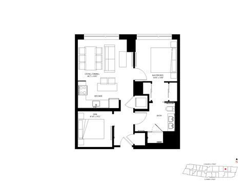 Floor plan for 1 bed, 1 bath, 729 sqft