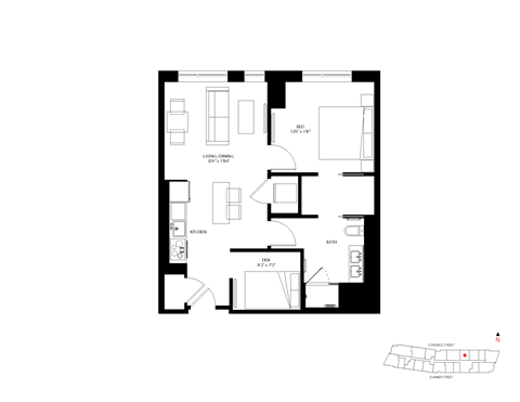 Floor plan for 1 bed, 1 bath, 722 sqft