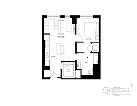 Floor plan for 1 bed, 1 bath, 724 sqft
