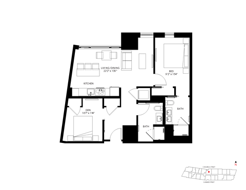 Floor plan for 1 bed, 2 baths, 877 sqft