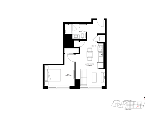 Floor plan for 1 bed, 1 bath, 526 sqft