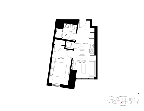 Floor plan for 1 bed, 1 bath, 502 sqft