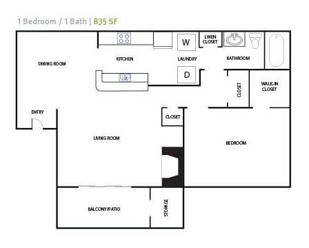 Floor plan for 1 bed, 1 bath, 835 sqft