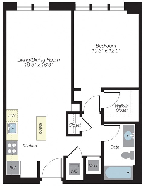 Floor plan for 1 bed, 1 bath, 747 sqft