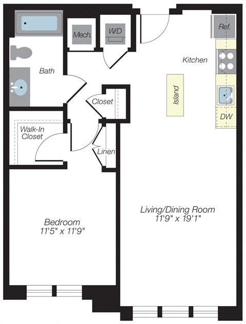 Floor plan for 1 bed, 1 bath, 720 sqft