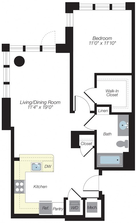 Floor plan for 1 bed, 1 bath, 779 sqft