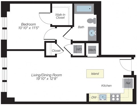 Floor plan for 1 bed, 1 bath, 692 sqft