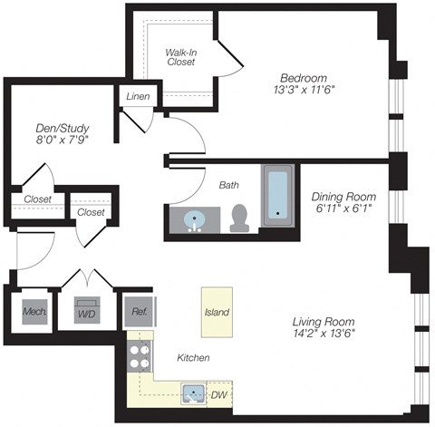 Floor plan for 1 bed, 1 bath, 888 sqft