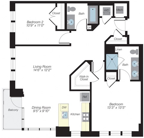 Floor plan for 2 beds, 2 baths, 1144 sqft