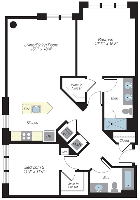 Floor plan for 2 beds, 2 baths, 1201 sqft